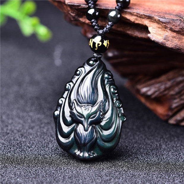 Buddha Stones Natural Rainbow Obsidian Nine Tailed Fox Inner Peace Necklace Beaded String Pendant