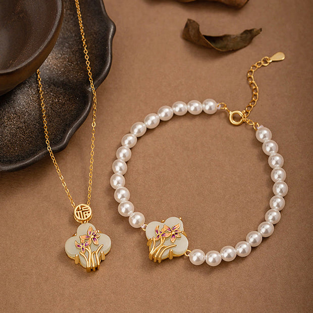 Buddha Stones 925 Sterling Silver Hetian Jade Orchid Four Leaf Clover Fu Character Pearl Luck Necklace Pendant Bracelet Set