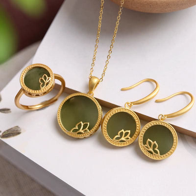 Buddha Stones 925 Sterling Silver Plated Gold Natural Round Hetian Cyan Jade Success Necklace Pendant Ring Earrings Set Bracelet Necklaces & Pendants BS 3Pcs(Necklace&Ring&Earrings)