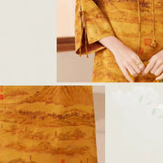 Buddha Stones 100% Mulberry Xiangyunsha Silk 35 Momme Landscape Painting Drawstring Midi Dress