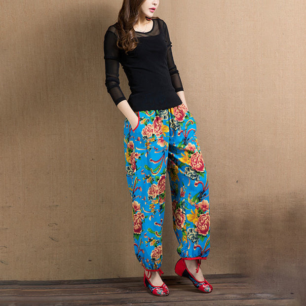 Buddha Stones Ethnic Style Red Green Flowers Print Harem Pants With Pockets Women's Harem Pants BS 30