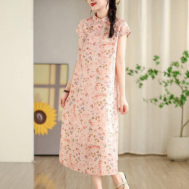 Buddha Stones Green Ocean Waves Pink Flowers Print Cheongsam Midi Dress Short Sleeve Dress