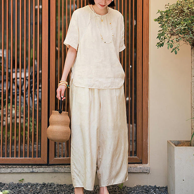 Buddha Stones Ramie Linen Loose Blouse Short Sleeve Shirt Chinese Style Top