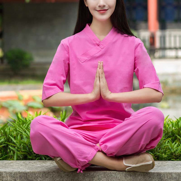 Buddha Stones 2Pcs Half Sleeve V-Neck Shirt Top Pants Meditation Zen Tai Chi Linen Clothing Women's Set Women's Meditation Cloth BS 15
