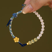 Buddha Stones 925 Sterling Silver Hetian Jade Peach Blossom Flower Pearl Braided Luck Bracelet 5