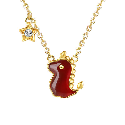 Buddha Stones 925 Sterling Silver Year of the Dragon Red Agate Hetian Jade Cute Dragon Star Protection Necklace Pendant (Extra 30% Off | USE CODE: FS30)