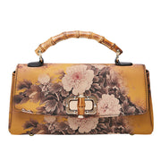 Buddha Stones Flower Pattern Bamboo Handle Metal Chain Crossbody Bag Handbags Crossbody Bag&Handbags BS Brown 29*14*7cm