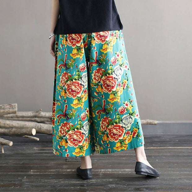 Buddha Stones Red Peony Flowers Cotton Linen Wide Leg Pants With Pockets