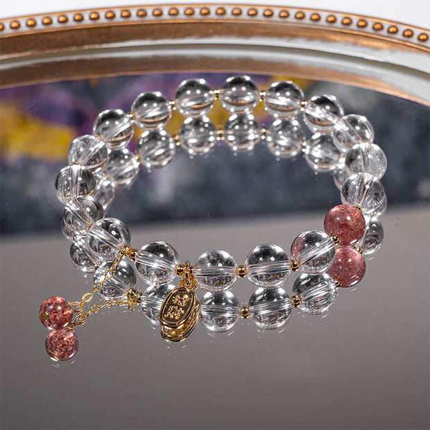 Buddha Stones White Crystal Strawberry Quartz Healing Attract Fortune Charm Bracelet 2