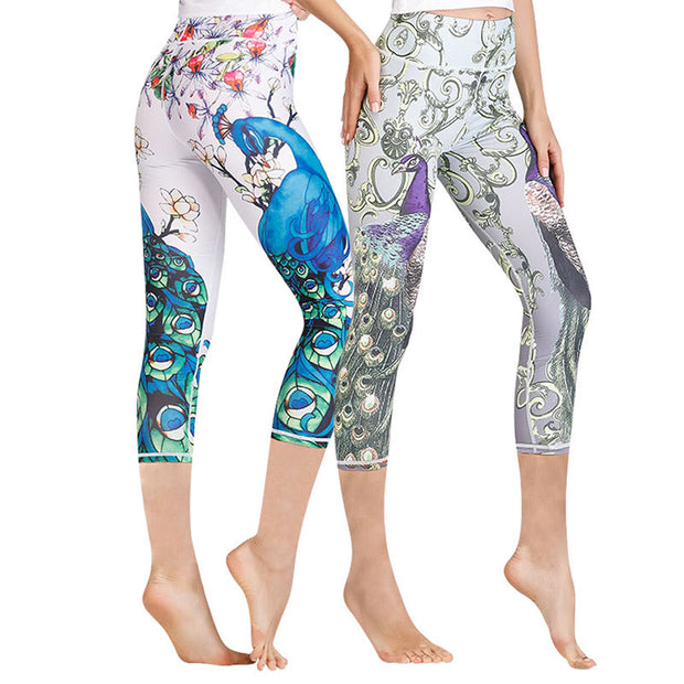 Buddha Stones Lotus Cherry Blossom Gradient Peacock Print Lycra Fabric Sports Cropped Leggings Women's Yoga Capri Pants Women's Capri Pants BS 14