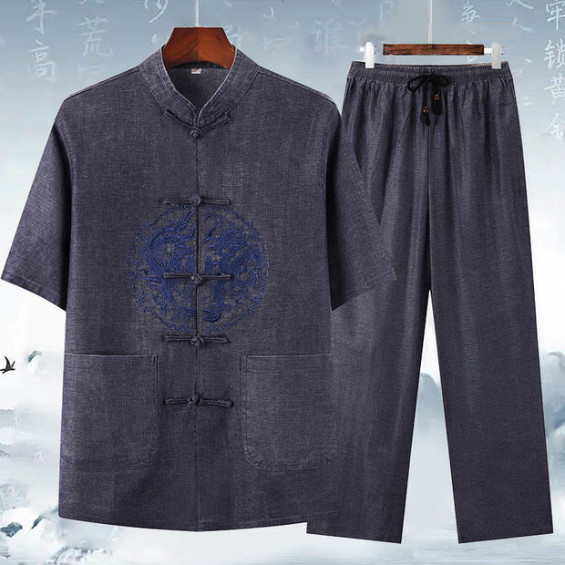 Buddha Stones Dragon Embroidery Pattern Tang Suit Short Sleeve Shirt Pants Men's Set Men's Meditation Cloth BS Navy Blue(Top&Pants) 3XL(Bust 124cm/Waist 122cm/Hips 124cm)