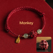 Buddha Stones Natural Cinnabar Chinese Zodiac Hetian Jade Fu Character Luck Rope Bracelet - Monkey(Wrist Circumference 14-18cm) - image 8