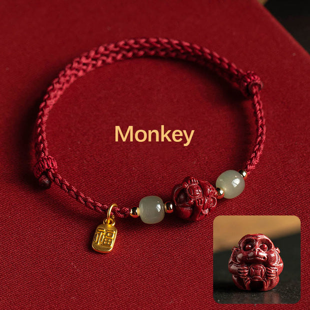 Buddha Stones Natural Cinnabar Chinese Zodiac Hetian Jade Fu Character Luck Rope Bracelet - Monkey(Wrist Circumference 14-18cm) - image 8