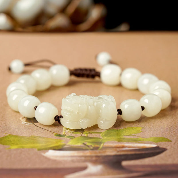 Buddha Stones Natural Hetian White Jade PiXiu Wealth String Bracelet