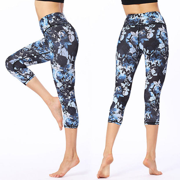 Buddha Stones Leaves Butterfly Print Sports Yoga Cropped Leggings Women's Yoga Capri Pants Women's Capri Pants BS CornflowerBlue XL(Fit for US8-10; UK/AU12-14; EU40-42)