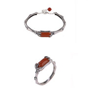 Buddha Stones 925 Sterling Silver Red Agate Bamboo Pattern Calm Bracelet Ring Jewelry Set