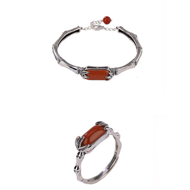 Buddha Stones 925 Sterling Silver Red Agate Bamboo Pattern Calm Bracelet Ring Jewelry Set Bracelet Necklaces & Pendants BS 2