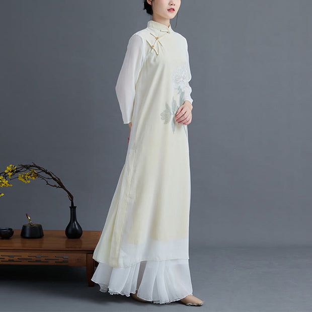Buddha Stones 2Pcs Peony Flower Cheongsam Midi Dress Skirt Chiffon Zen Clothing Women's Set
