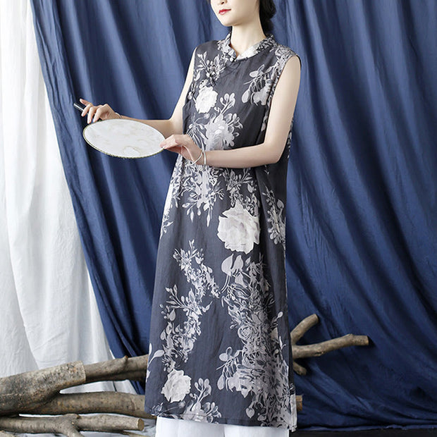 Buddha Stones Ancient Ramie Linen Flowers Printing Cheongsam Dresses Sleeveless Dress 8