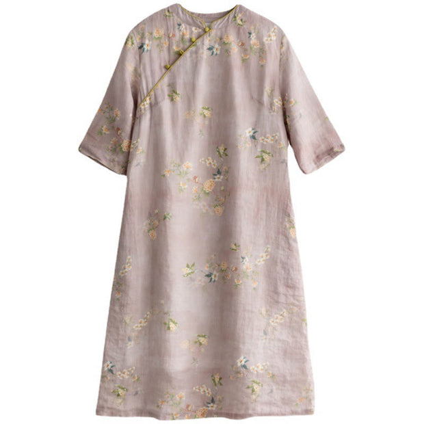 Buddha Stones Yellow Beige Flowers Print Cheongsam Midi Dress Cotton Linen Half Sleeve Dress With Pockets