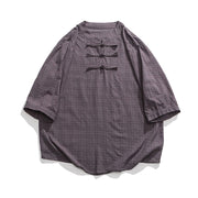 Buddha Stones Frog-Button Plaid Pattern Chinese Tang Suit Half Sleeve Shirt Cotton Linen Men Clothing