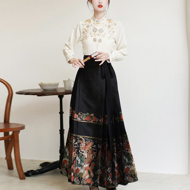 Buddha Stones Long Sleeve Shirt Embroidery Top Chinese Hanfu Phoenix Horse Face Skirt Mamianqun