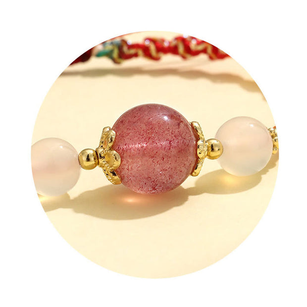 Buddha Stones Strawberry Quartz Pink Crystal Prehnite White Agate Bead Healing Rope Bracelet 4