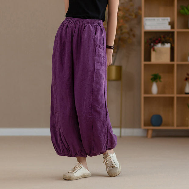 Buddha Stones Ramie Linen Flexible Waistband Yoga Harem Pants With Pockets Harem Pants BS 1