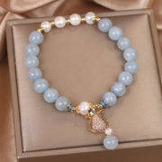 Buddha Stones Aquamarine Pearl Fortune Money Bag Charm Bracelet