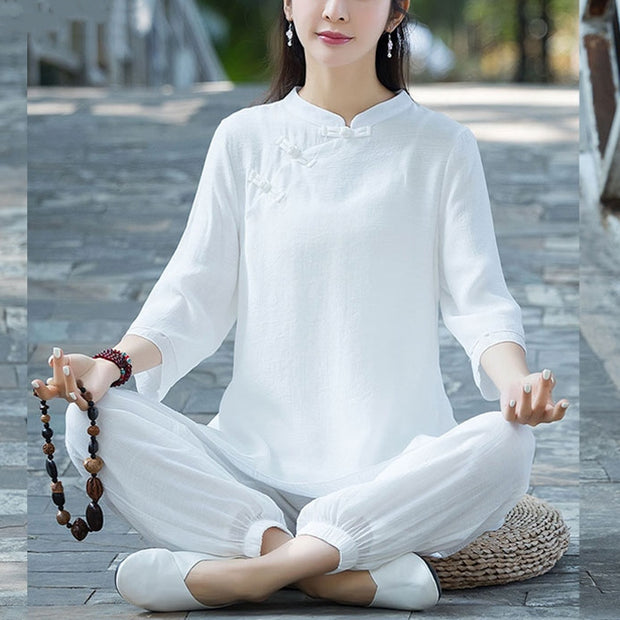 Buddha Stones 2Pcs Plain Design Top Pants Meditation Yoga Zen Tai Chi Cotton Linen Clothing Women's Set Clothes BS White Chinese Frog Button(Top&Pants) 2XL(Suitable for Weight 65-72.5kg)
