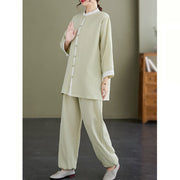 Buddha Stones 2Pcs Vintage Long Sleeve Shirt Top Pants Meditation Zen Tai Chi Cotton Linen Clothing Women's Set