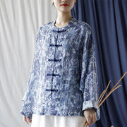 Buddha Stones Retro Blue White Flowers Frog-Button Design Long Sleeve Ramie Linen Jacket Shirt 16