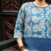 Buddha Stones Blue Flowers Three Quarter Sleeve Top Casual Tee T-shirt 10