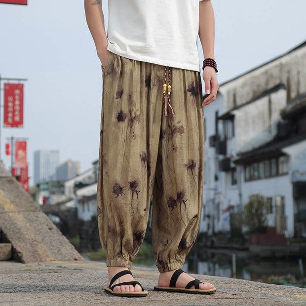 Buddha Stones Leaf Pattern Loose Men's Harem Pants With Pockets Men's Harem Pants BS Khaki 5XL(Waist 92cm/Hips 142cm/Length 105cm)
