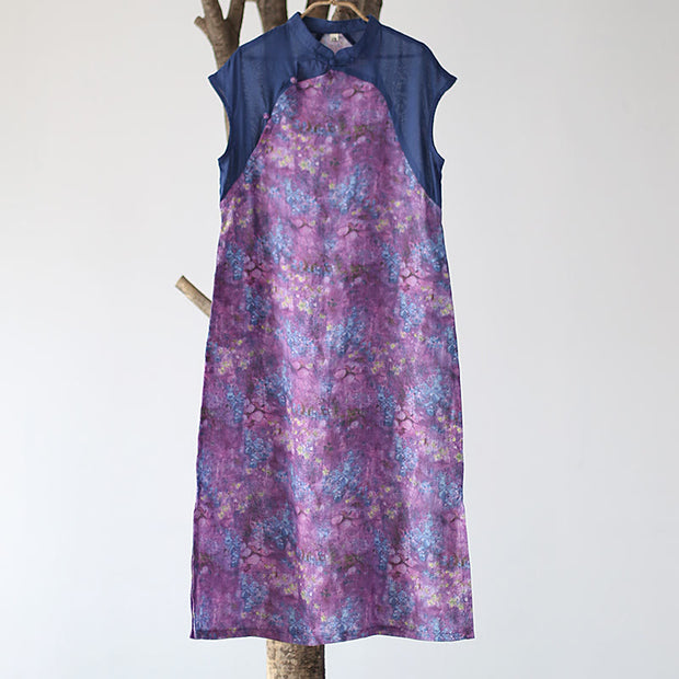 Buddha Stones Vintage Purple Flower Print Ramie Linen Cheongsam Midi Dress With Pockets Cheongsam Dresses BS 10