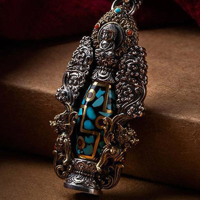 Buddha Stones Tibetan Nine-Eye Dzi Bead Turquoise Buddha Wealth Rotation Necklace (Extra 30% Off | USE CODE: FS30) - Nine-Eye Dzi Bead&Turquoise - image 0