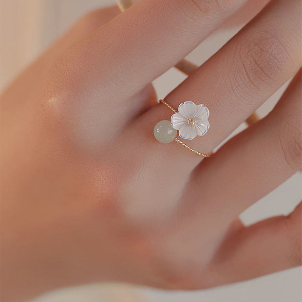 Buddha Stones 14k Gold Plated Round Hetian Jade Tridacna Stone Peach Blossom Flower Butterfly Prosperity Adjustable Ring (Extra 35% Off | USE CODE: FS35) - image 4