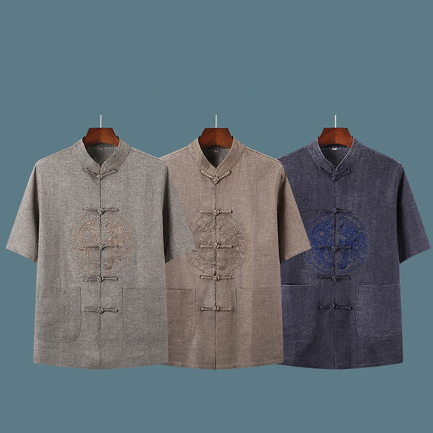 Buddha Stones Dragon Embroidery Pattern Tang Suit Short Sleeve Shirt Pants Men's Set Men's Meditation Cloth BS 12