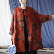 Buddha Stones Orange Peony Flower Cotton Linen Frog-Button Open Front Jacket With Pockets