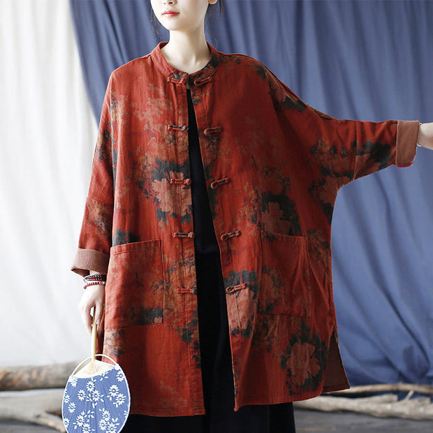 Buddha Stones Orange Peony Flower Cotton Linen Frog-Button Open Front Jacket With Pockets 22