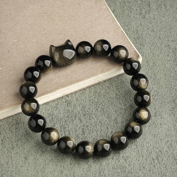 Buddha Stones Gold Sheen Obsidian Silver Sheen Obsidian Lovely Paw Lucky Cat Protection Bracelet