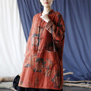 Buddha Stones Orange Peony Flower Cotton Linen Frog-Button Open Front Jacket With Pockets