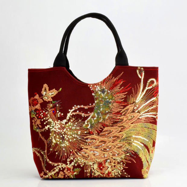 Buddha Stones Peacock Double-sided Embroidery Tote Bag Shoulder Bag Crossbody Bag Bag BS Wine Red Peacock Simple Tote Bag