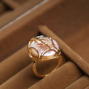 Buddha Stones Pearl Copper Plated Gold Flower Happiness Wealth Ring Ring BS 4