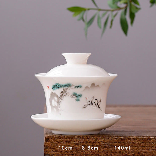Buddha Stones White Porcelain Mountain Landscape Countryside Ceramic Gaiwan Teacup Kung Fu Tea Cup And Saucer With Lid Cup BS Long Cup-Crane(8.8cm*10cm*140ml)