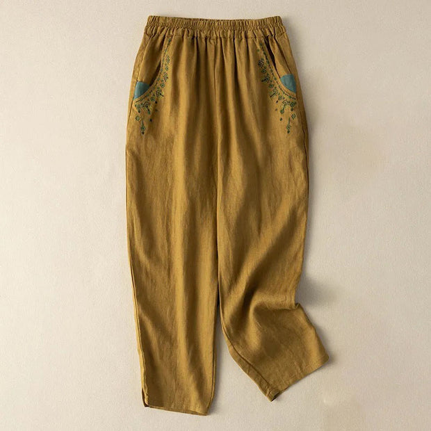 Buddha Stones Vintage Embroidery Elastic Waist Harem Pants With Pockets 1