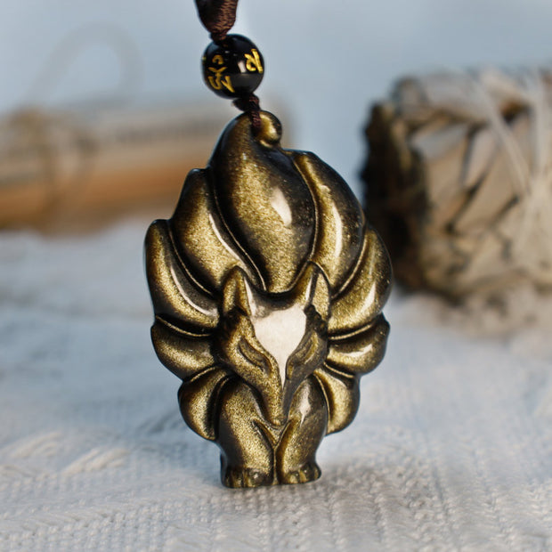 Buddha Stones Natural Rainbow Obsidian Gold Sheen Obsidian Nine Tailed Fox Positive Necklace Pendant Necklaces & Pendants BS 10