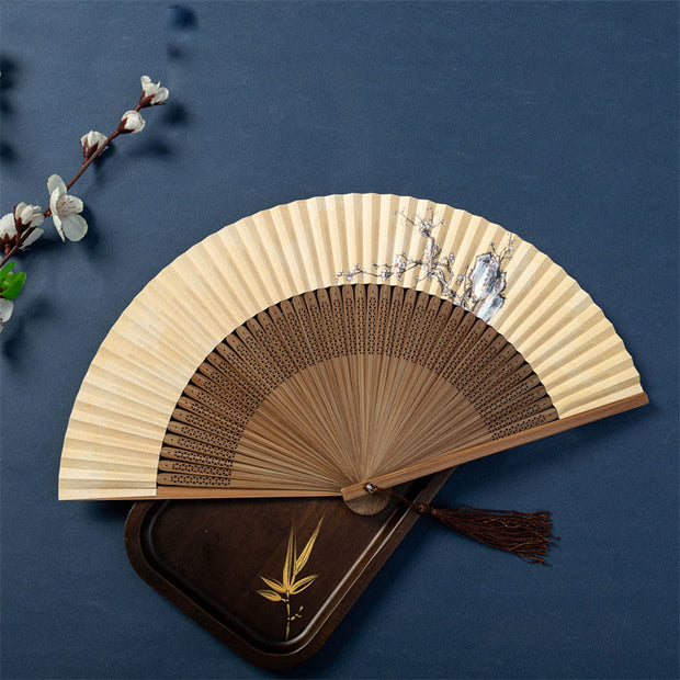 Buddha Stones Lotus Dragonfly Wild Geese Plum Blossom Handheld Silk Bamboo Folding Fan 22.5cm