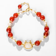 Buddha Stones 14K Gold Plated Year Of The Dragon Natural Red Agate Pearl Protection Fu Character Chain Bracelet (Extra 30% Off | USE CODE: FS30) Bracelet BS 3