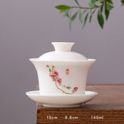 Buddha Stones White Porcelain Mountain Landscape Countryside Ceramic Gaiwan Teacup Kung Fu Tea Cup And Saucer With Lid Cup BS Long Cup-Peach Blossom(8.8cm*10cm*140ml)